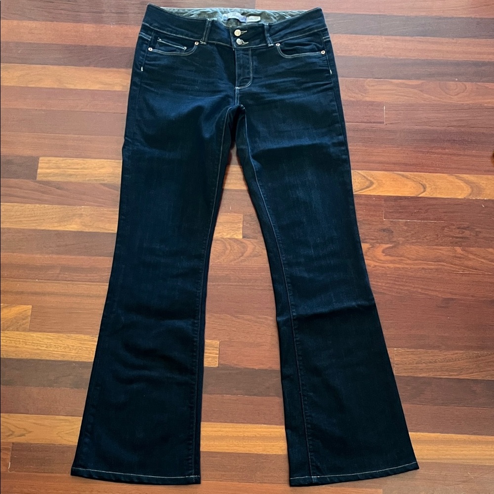 Womens 30 Paige Hidden Hills Deep Blue Wide Bootcut stretch long jeans